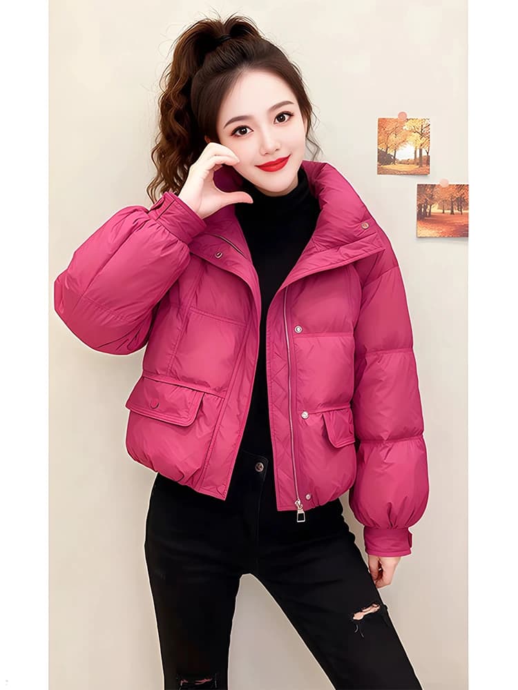 Giacca Corta Rosa Imbottita in Cotone da Donna, Stile Ampio, Nuova Moda Autunno Inverno, Versione Coreana, Spessa, con Chiusura a Cerniera, Ideale per il Pendolarismo