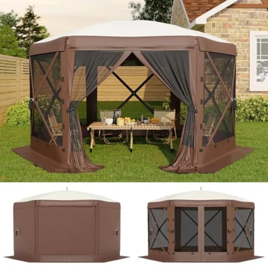 Tenda a baldacchino pop-up a 6 lati 13x13FT beige kaki per campeggio, feste in giardino ed eventi all'aperto: montaggio rapido con un solo pulsante