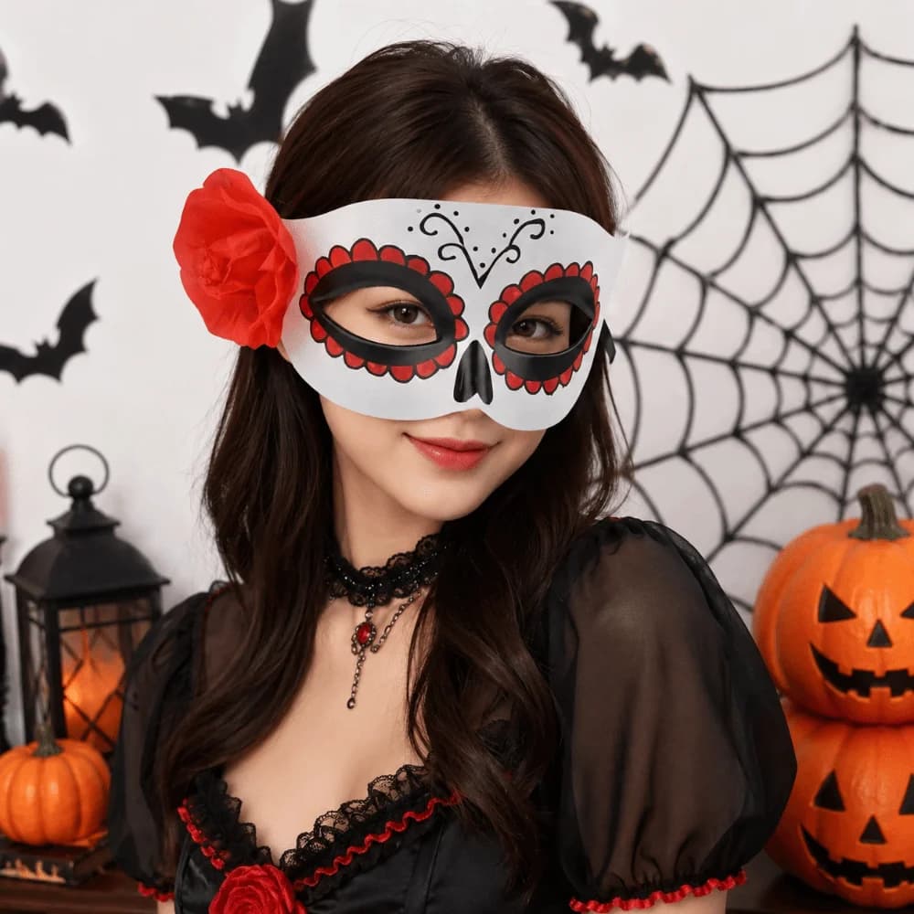 Halloween Masks in Flower Shape, Plastic Party Accessories, Glittered Mask for Carnival, Venetian Mask in Half Face