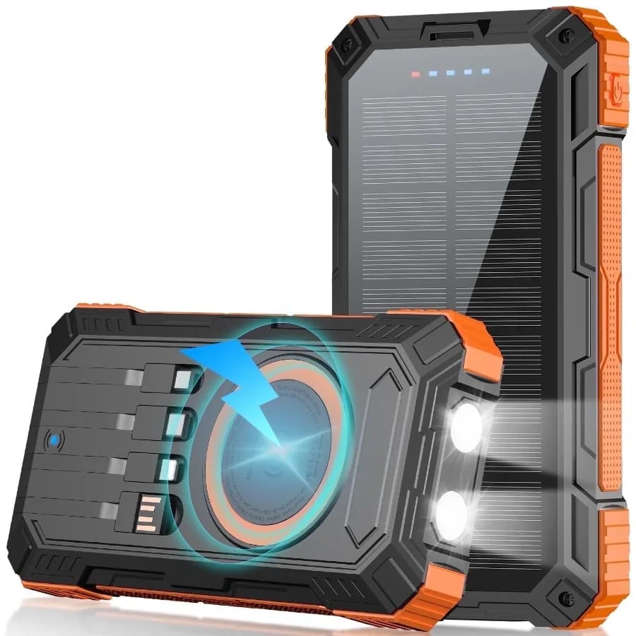 49800mAh Solar Charger Power Bank for iphone android Solar Power Bank Wireless Charger and 4 Built-in Cables, Dual Flashlights