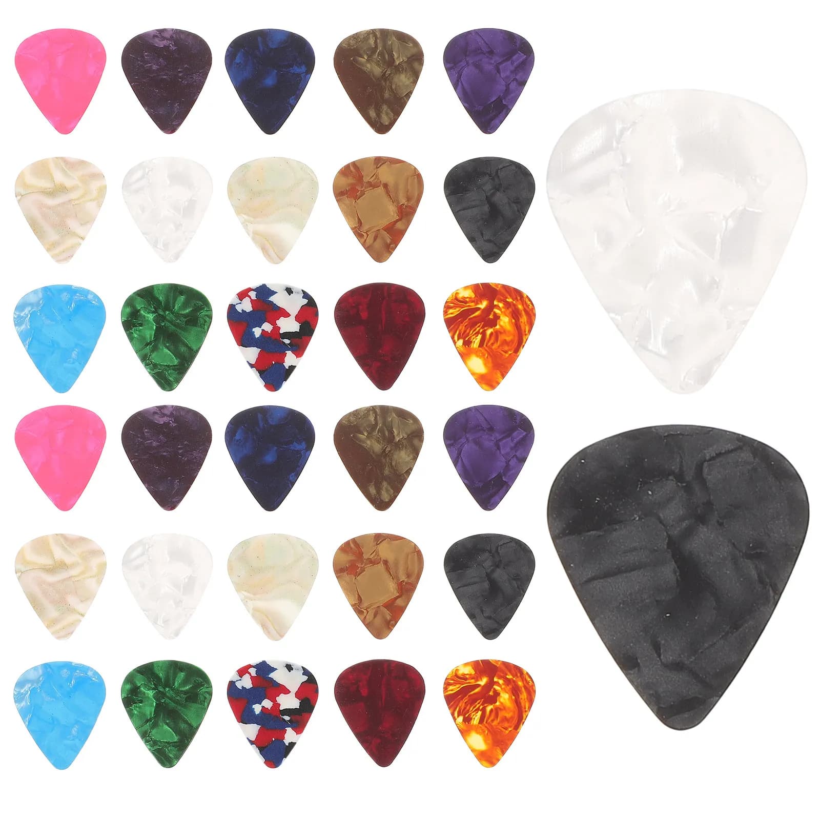 Set di plettri per chitarra da 32 pezzi, materiale premium, impugnatura comoda, non deformabile, finitura liscia, per basso folk elettrico acustico, ukulele