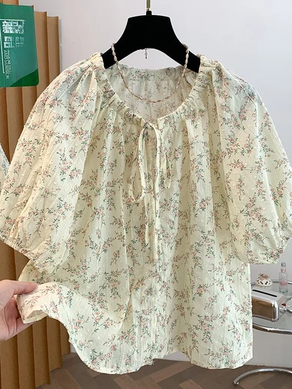 Korean Style Sweet Floral Lantern Sleeve Shirt Women Summer New Loose Casual Versatile round Neck Short Sleeve Blouse Top