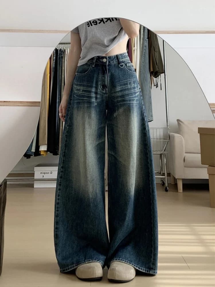 American Style High Waist Wide Leg Denim Jeans Women's Summer Fashion Versatile Design Loose Straight Long Pants