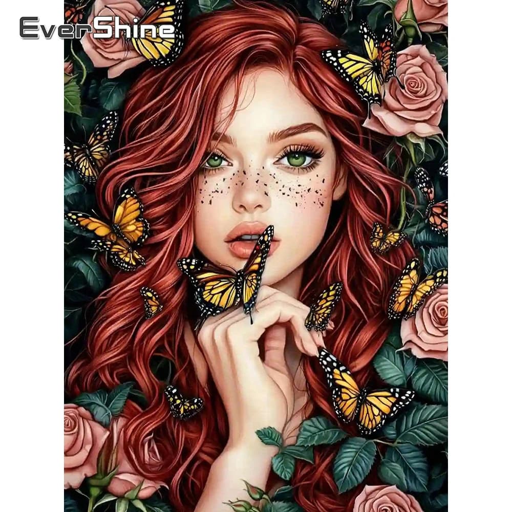Evershine Diamond Mosaic Girl Portrait Rhinestones Embroidery Rose Full Square Craft Kit Painting Butterfly Handmade Gift