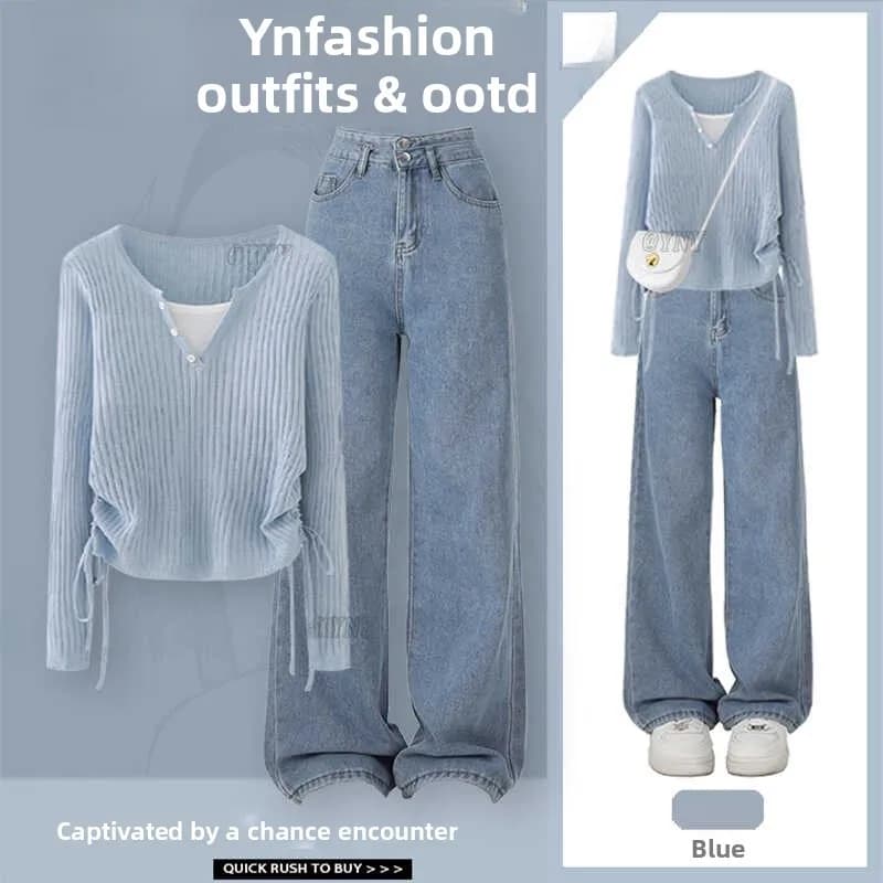 Completo Autunnale alla Moda Ispirato alla Dopamina: Nuovo Stile Top a Maniche Lunghe con Scollo a V e Jeans a Vita Alta per Donna