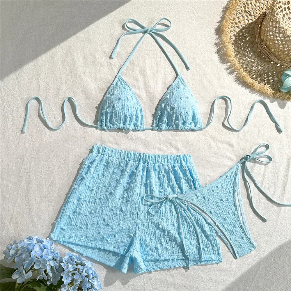 Costume da bagno da donna 2026: Set bikini a triangolo con laccetti, colore azzurro, 3 pezzi, con pantaloncini e micro perizoma sexy