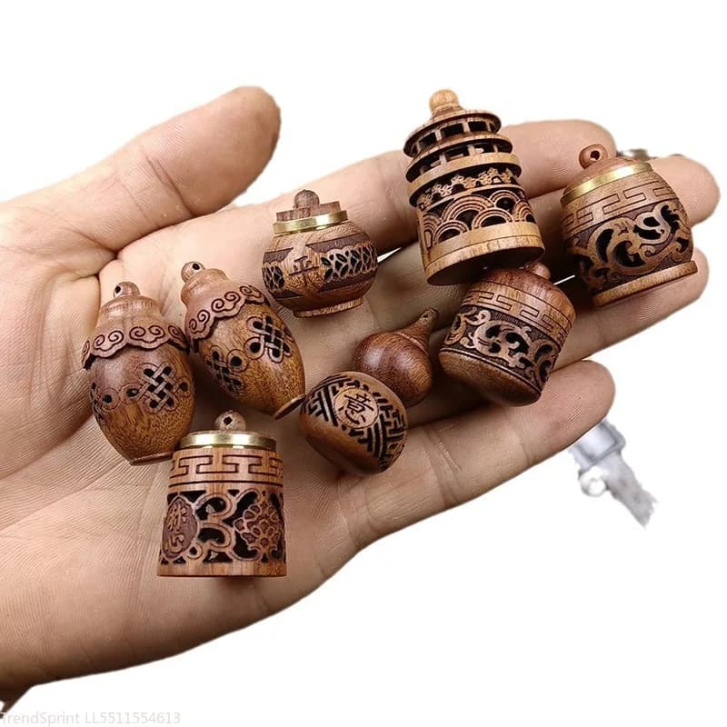 Wood Hollow‑Carved Mini Aromatherapy Diffuser Bottle Pagoda‑Shape Sealed Jar Pendant Car‑Hanging Ornament For Home Vehicle Fragrance Decoration Accessory