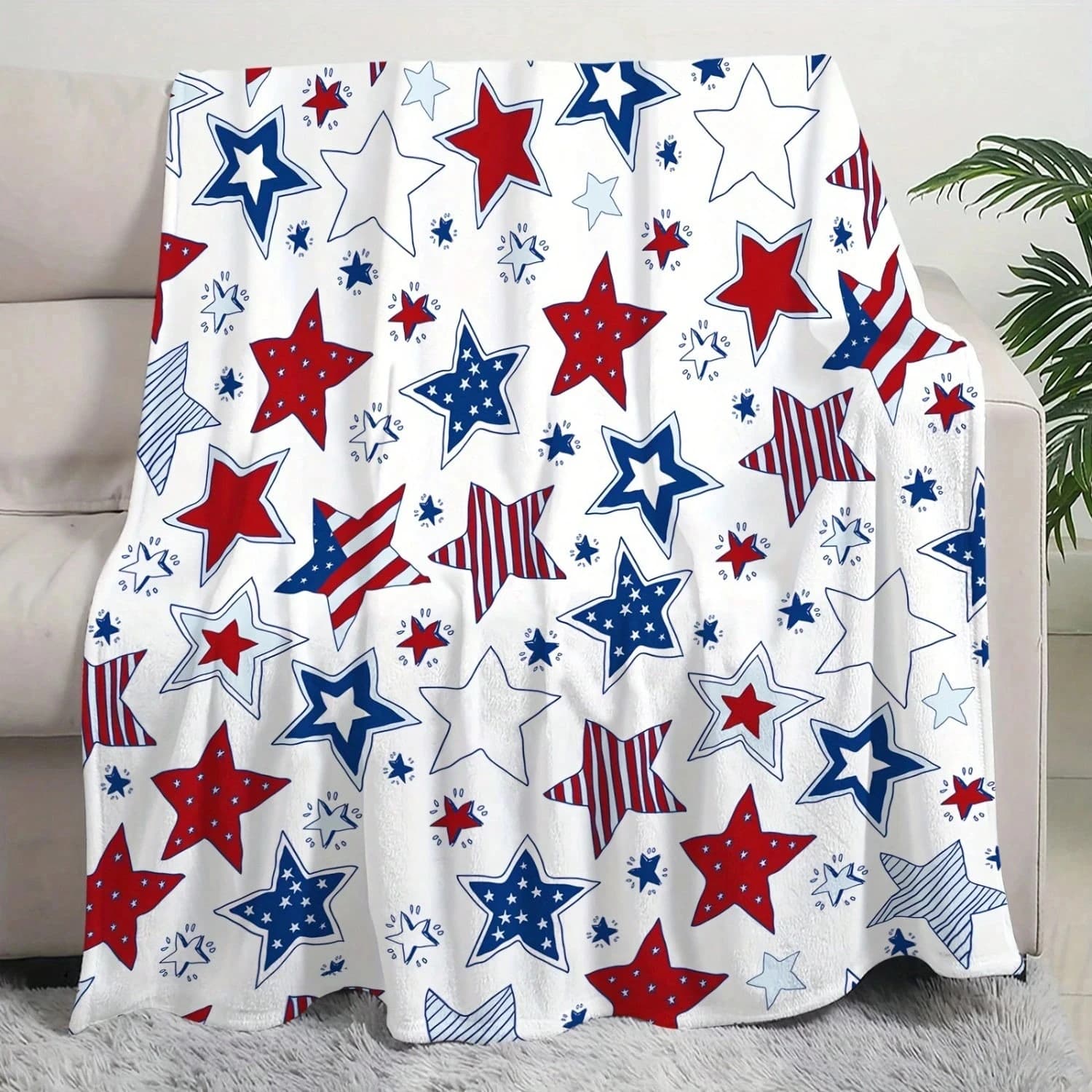 Coperta in flanella con stampa 2D a stella patriottica, monofacciale, per camera da letto, soggiorno, divano, accessorio decorativo dallo stile audace e orgoglioso, idea regalo
