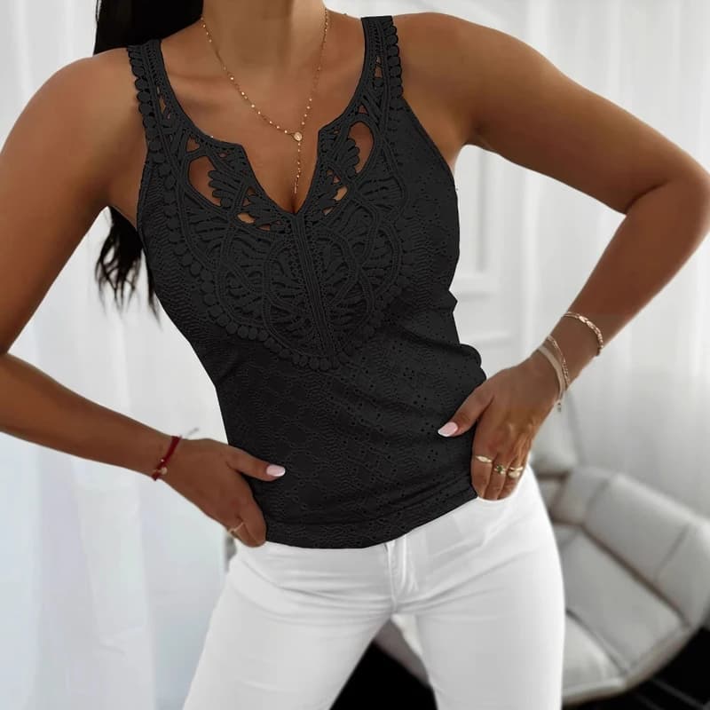 Moda primavera ed estate scollo a V pizzo splicing T-shirt senza maniche da donna temperamento elegante tinta unita camicetta sottile top casual