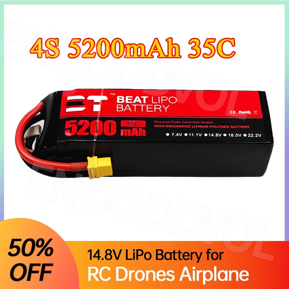 Batteria Lipo 4S 5200mAh 14.8V 35C con Connettore T/XT60 per Droni, Quadricotteri RC, Elicotteri, Auto, Barche, Ricambi, Batteria Ricaricabile 4S