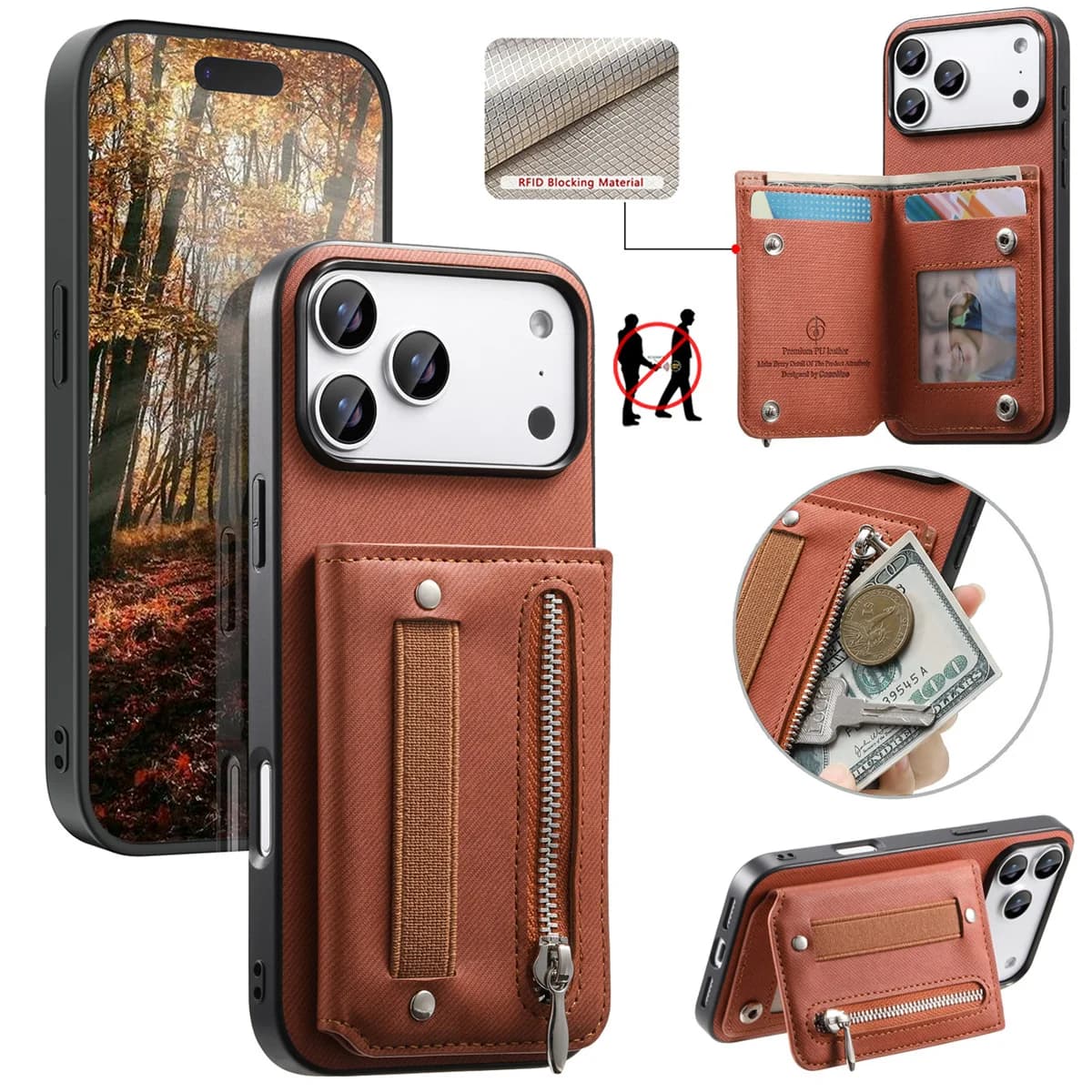 Portafoglio RFID con cinturino da polso con porta carte Custodia per telefono per IPhone Air 17 16E 16 Plus 15 14 13 12 11 Pro Max Cover in pelle