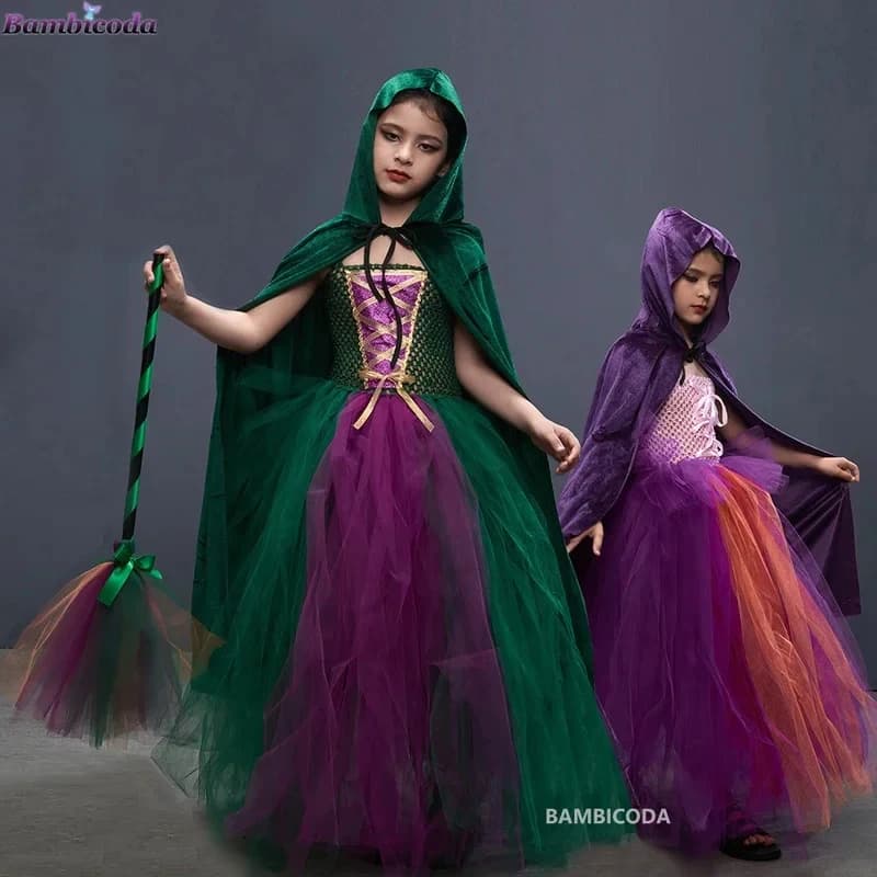 2026 Hocus Pocus 2 Halloween Children Cosplay Girls Witch Sanderson Sisters Mary Sarah Winif Dress Child Masquerade Pa QS2KG
