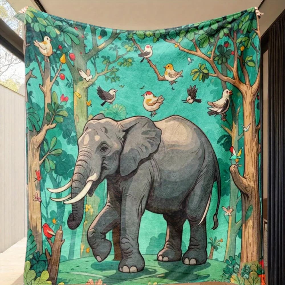 Elephant and forest bird pattern Flannel printed blanket suitable for all seasons suitable for living room office sofa travel