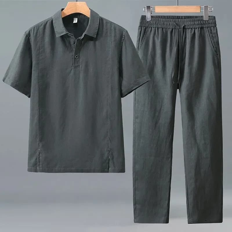 Men Plus Size Summer Linen Two Piece Set Loose Lapel Short Sleeve Shirt Drawstring Pants Daily Casual Outfit S-6XL