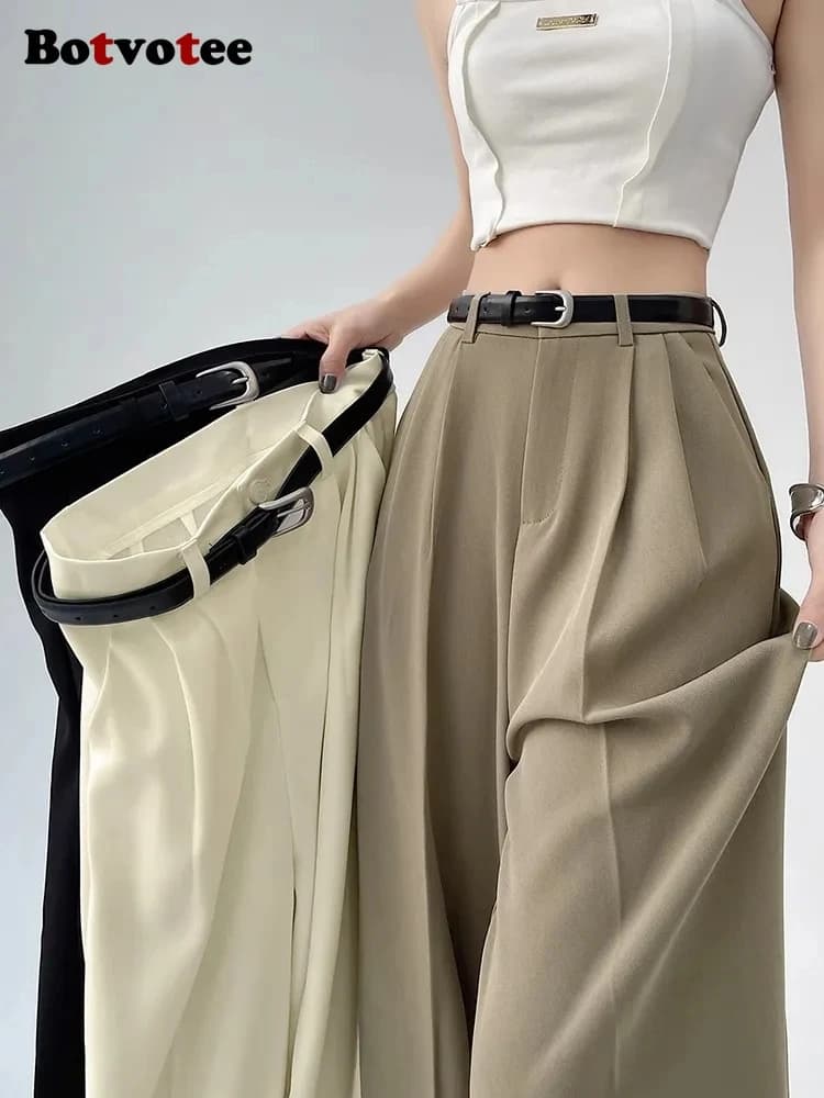 Botvotee Abiti causali Pantaloni da donna Ufficio Elegante Chic Gamba larga Pantaloni neri a vita alta con cintura Streetwear Moda Y2k