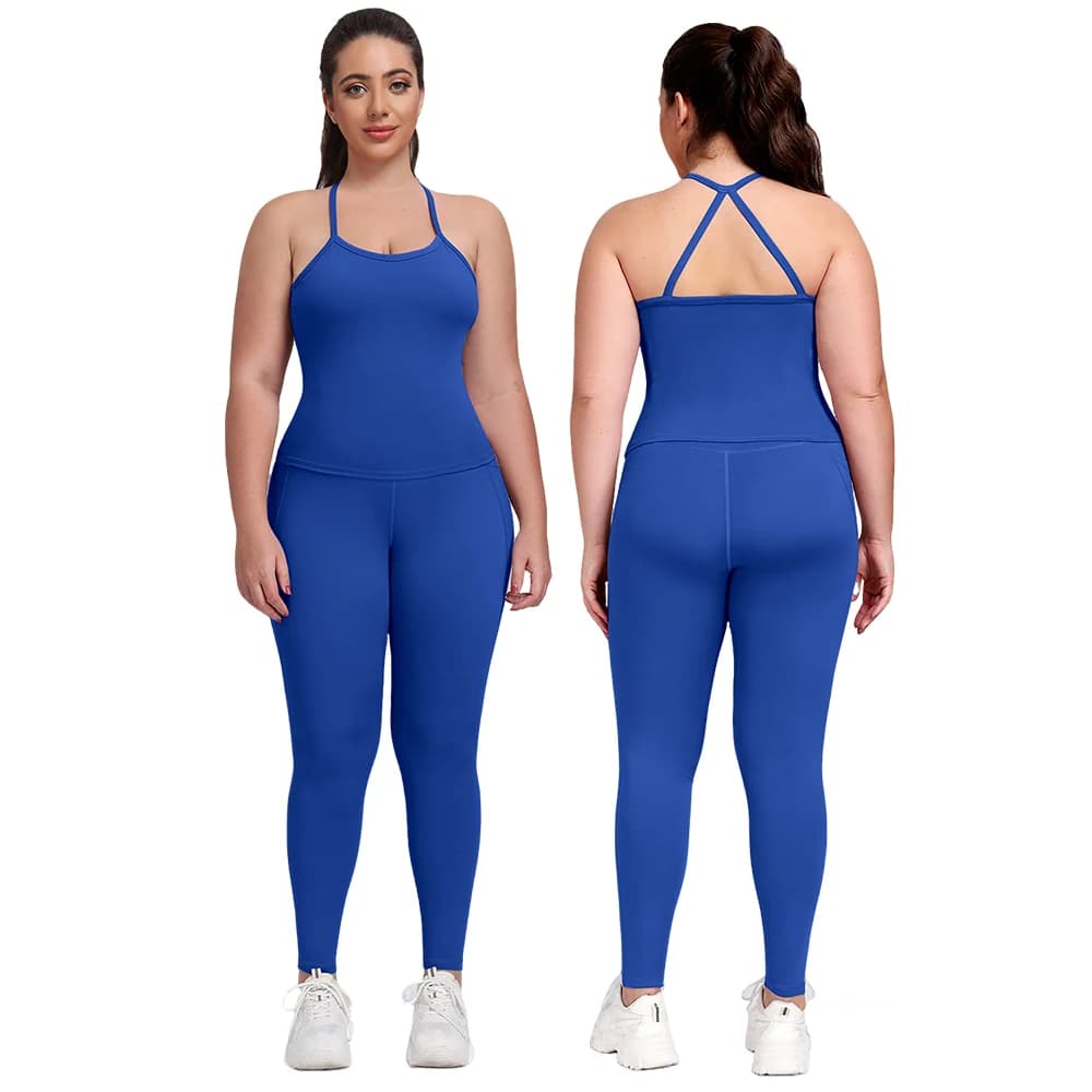 Completi sportivi da donna a due pezzi, leggings modellanti con tasche, top imbottito con scollo all'americana, abbigliamento sportivo per palestra e yoga