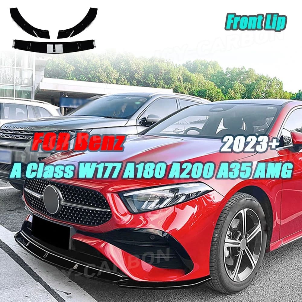 JCYECF 3PCS Front Bumper Lip Spoiler Front Lip Chin Apron Diffuser For Mercedes Benz A Class W177 A180 A200 A35 AMG 2023+
