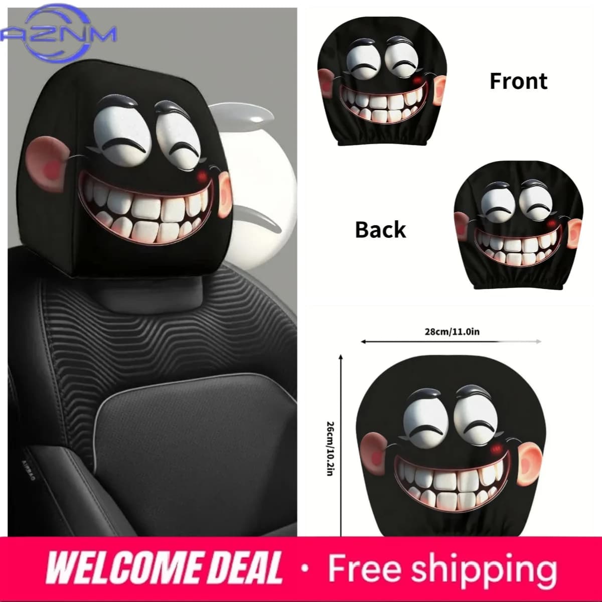 Set di due copri poggiatesta per auto, divertenti, con faccine sorridenti, orecchie grandi, traspiranti ed ecologici, perfetti come regalo o decorazione.