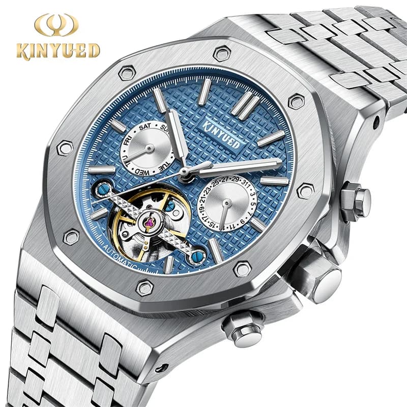 KINYUED marca moda blu orologio meccanico da uomo in acciaio inossidabile impermeabile tourbillon orologi data settimana orologi da polso automatici
