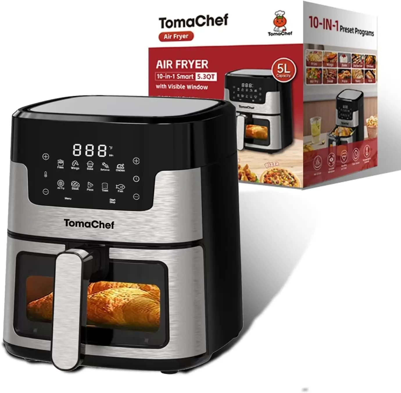 Friggitrice ad Aria 10-in-1, 5.3QT Compatta Senza Olio con Finestra Visibile, Cottura Sana, Controllo Digitale per Famiglie, Mamme