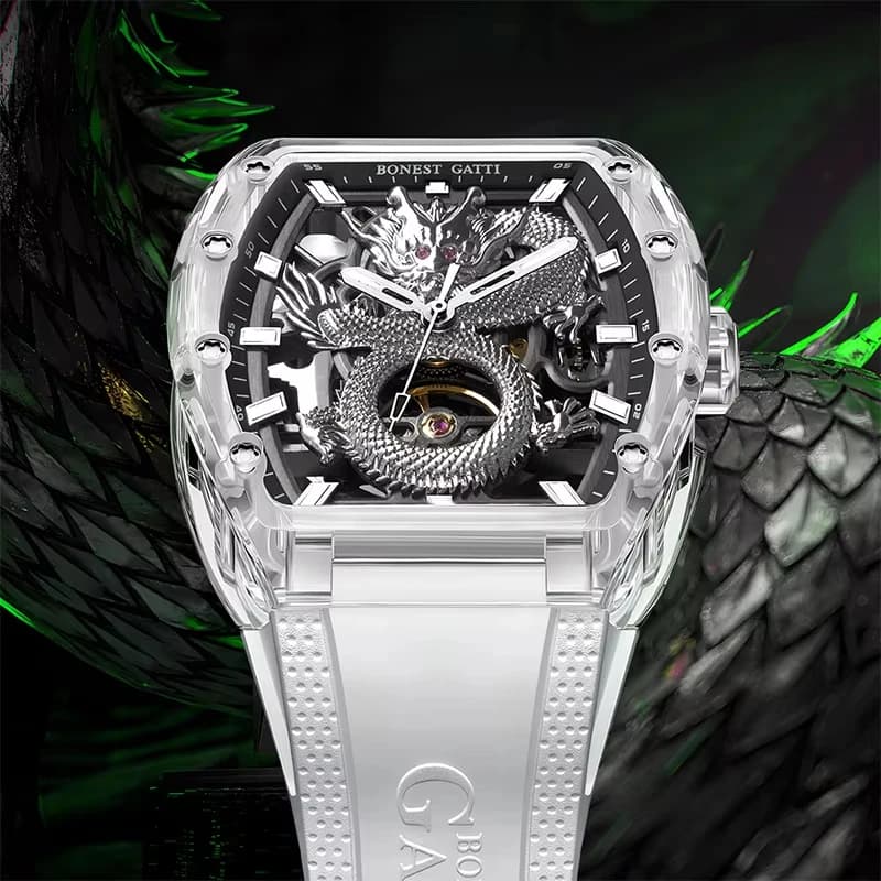 Bonest Gatti Luxury Glass Watch Case Watch Mirror Hollow Out Dragon Dial Mechanical automatic movement Man watch
