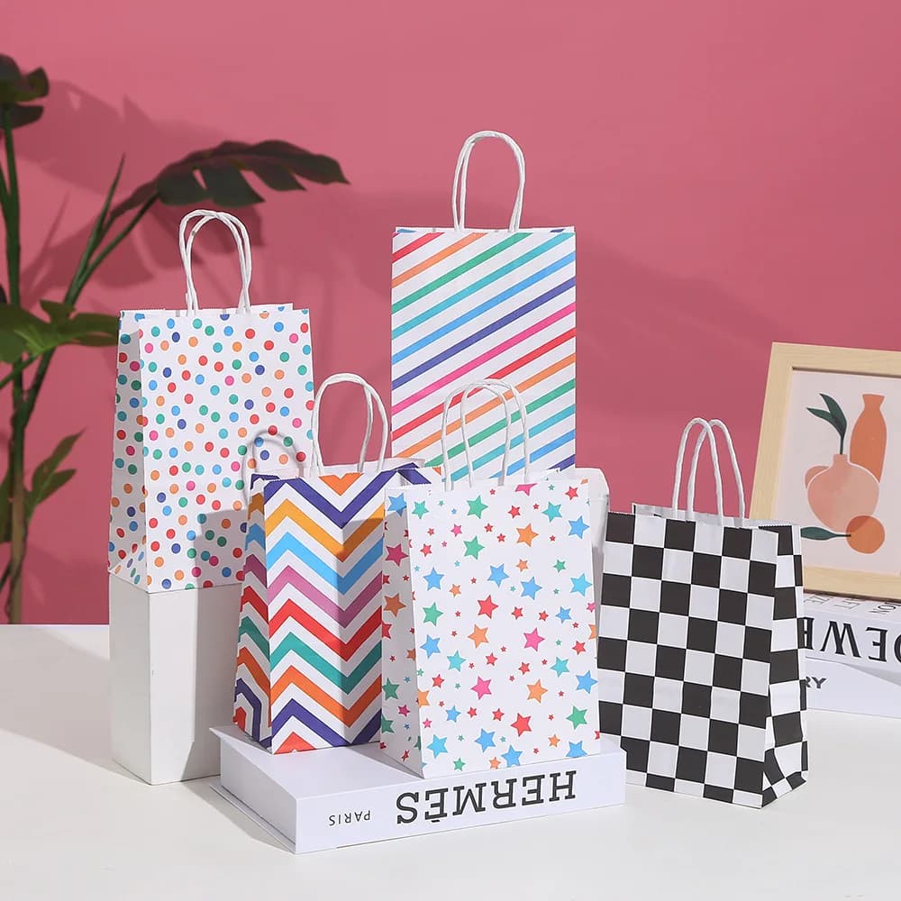 30pcs Stripe Kraft Paper Gift Bag Star Wedding Christmas New Year Baby Shower Birthday Festive Party Gift Packing Paper Hand Bag