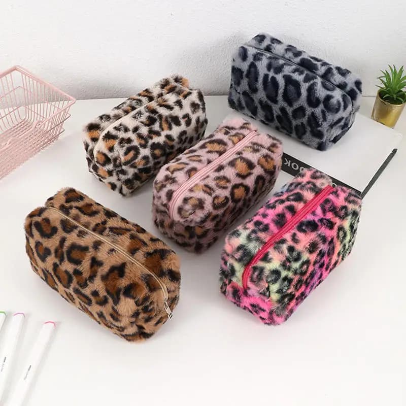 Nuovo Astuccio Portapenne, Portachiavi, Borsa per Cancelleria Colorata Arcobaleno Neon con Stampa Leopardata, per Scuola, Ufficio, Viaggi