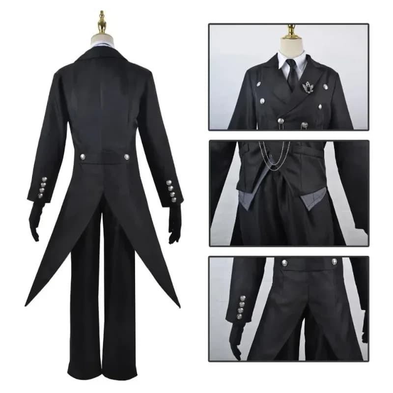 Anime Butler Sebastian Michaelis Costume Cosplay Nero Guanti uniformi a coda di rondine Puntelli Accessori Set completo Vestito di carnevalex;8's,