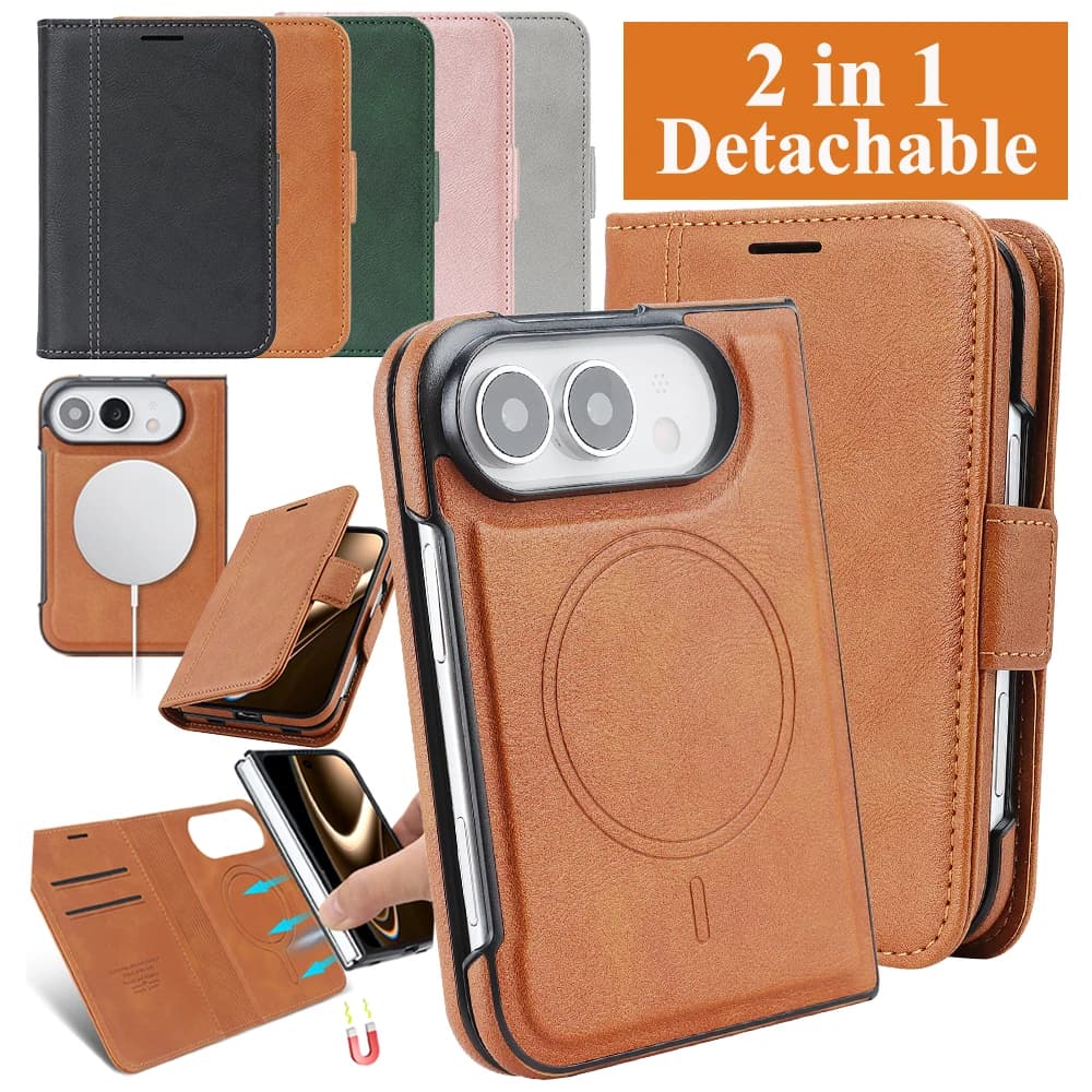 2 in 1 Detachable Leather Wallet Case for IPhone Duo Fold Card Slots Wireless Charging Magnetic Business Protective Cover