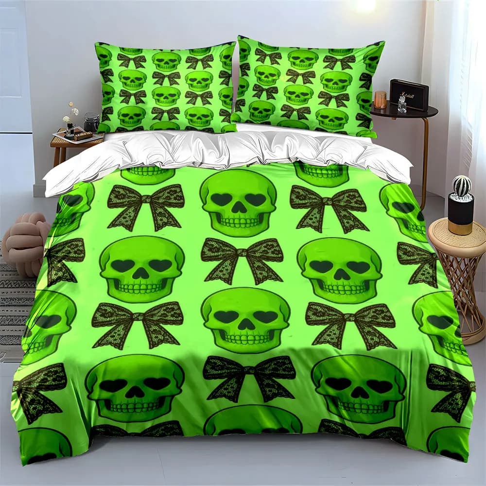 Set di biancheria da letto Green Skull Bow Decor Set con 1 copripiumino e 2 federe, singolo, matrimoniale, king, queen, regalo