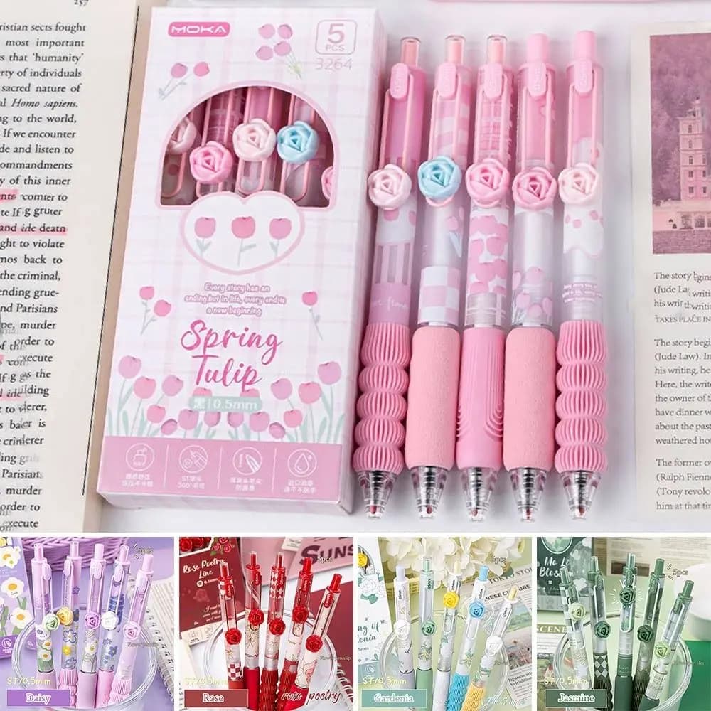 5 Pz/set Carino ST Pennino Fiore Presse Penna Gel 0.5mm Inchiostro Nero ad asciugatura rapida Scrittura di Cancelleria Scrittura Liscia Penne Estetiche Esame