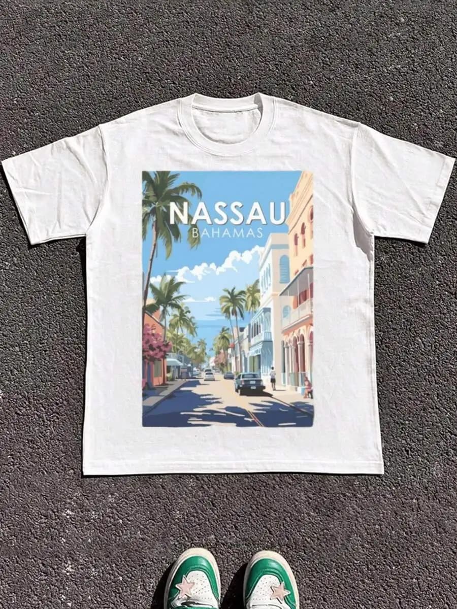 T-shirt con stampa grafica Nassau Bahamas, t-shirt unisex in cotone estiva con grafica street art