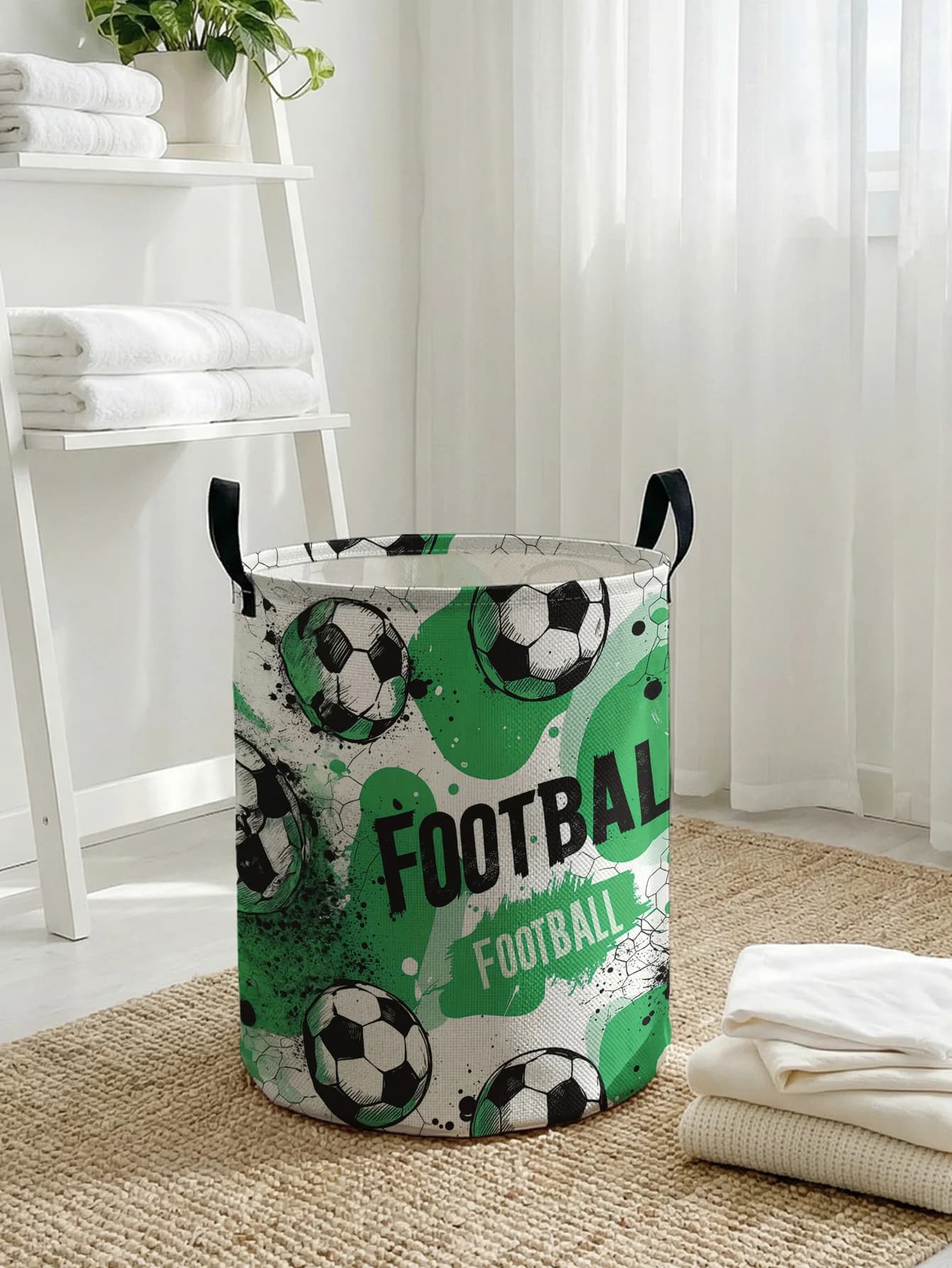 Green Splash Football Print Foldable Large-Capacity Storage Basket, for Kids' Sportswear Toys, Home & Bathroom Laundry Use