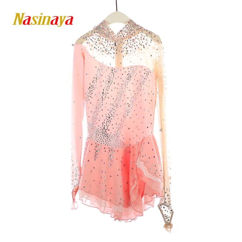 Vestito da pattinaggio artistico gonna da pattinaggio su ghiaccio personalizzato ragazza bambini vestito da ballo manica lunga colore rosa lucido