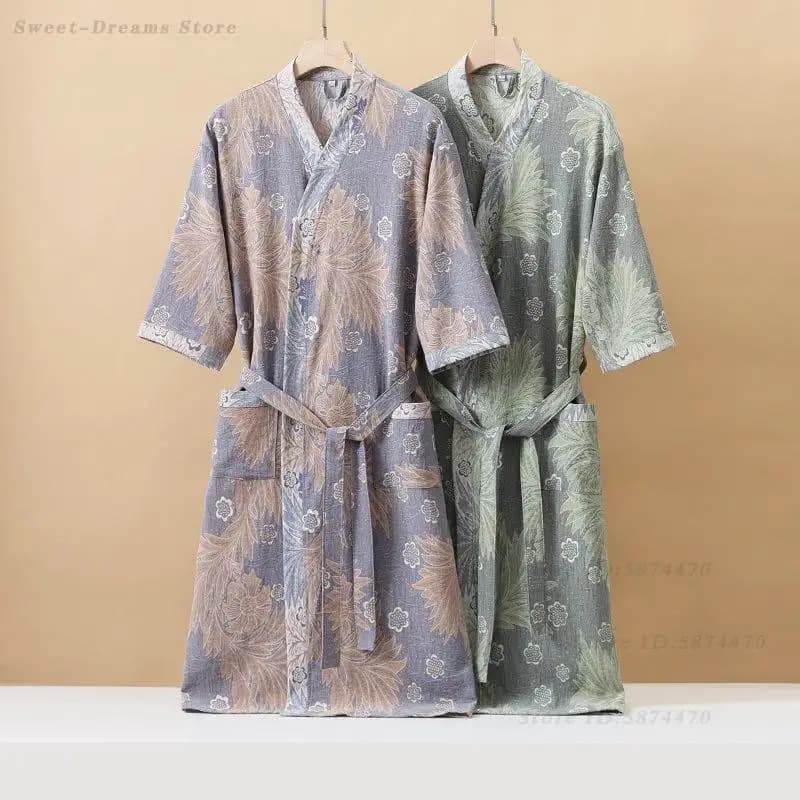 Accappatoio Stampato in Cotone per Coppie, Vestaglia Primaverile Estiva, Kimono, Yukata, Abbigliamento da Notte Casual e Comodo, Lingerie