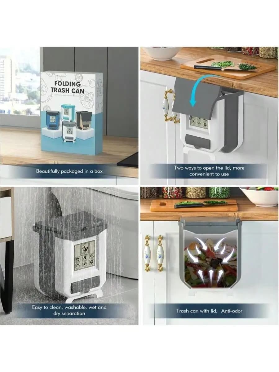 Foldable Kitchen Trash Can With Lid For Cabinet Under Sink Countertop Compost Bin 9L