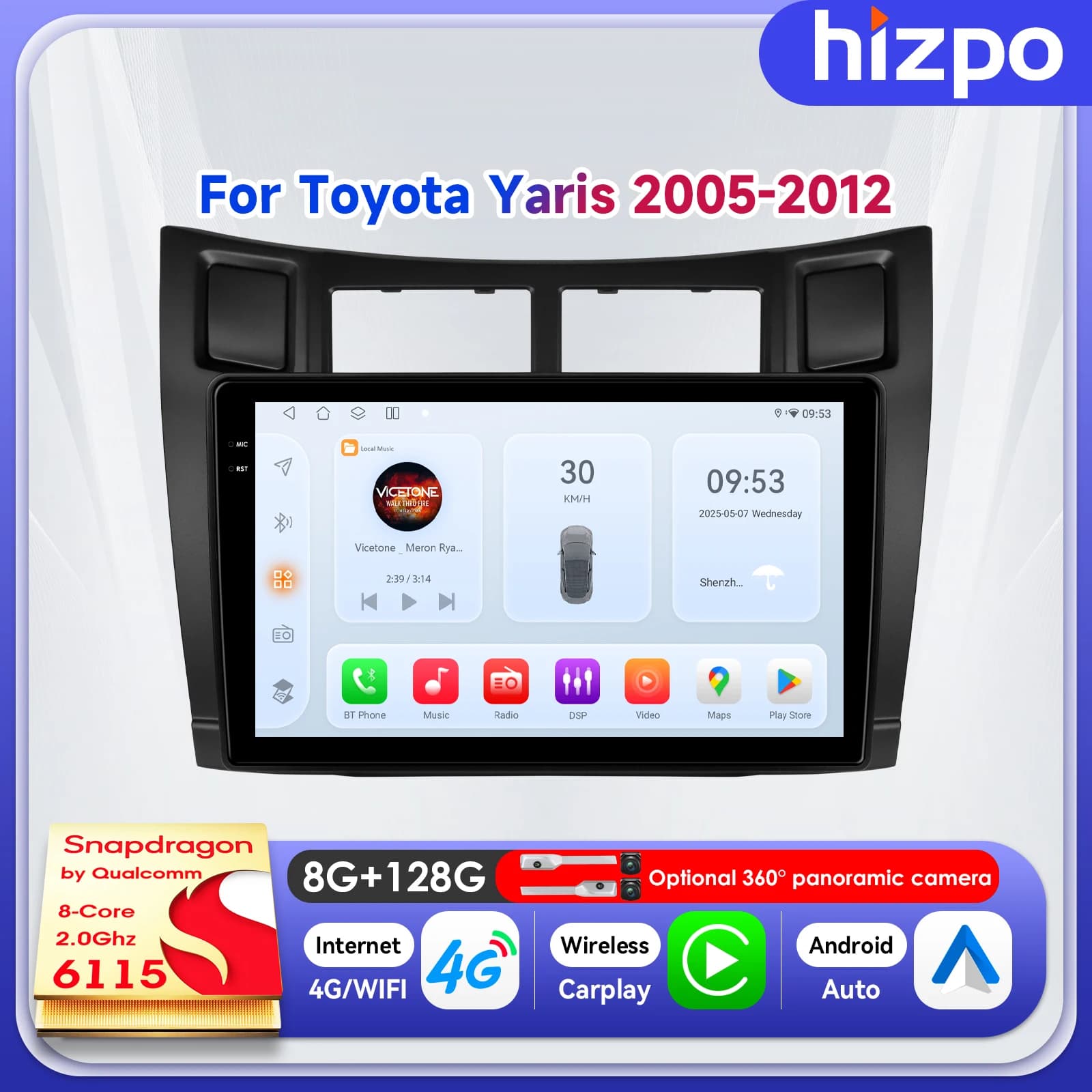 Hizpo 9" Intelligen Car Multimedia Player Carplay per Toyota Yaris 2005 - 2012 Stereo elettronico wireless Schermo QLED GPS WiFi