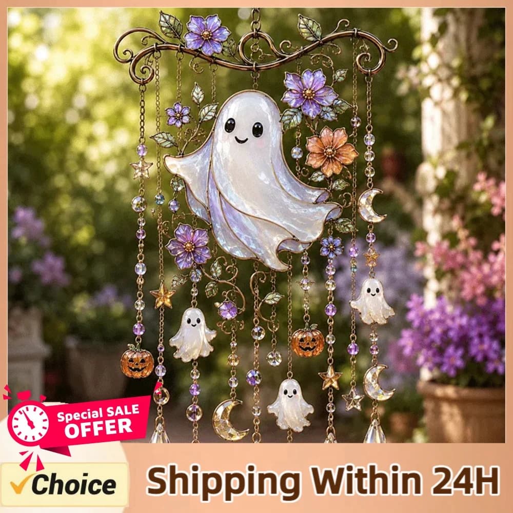 Halloween Decoration Acrylic Ghost Bat Pumpkin Black Cat Skull Wind Chime Window Porch Decor