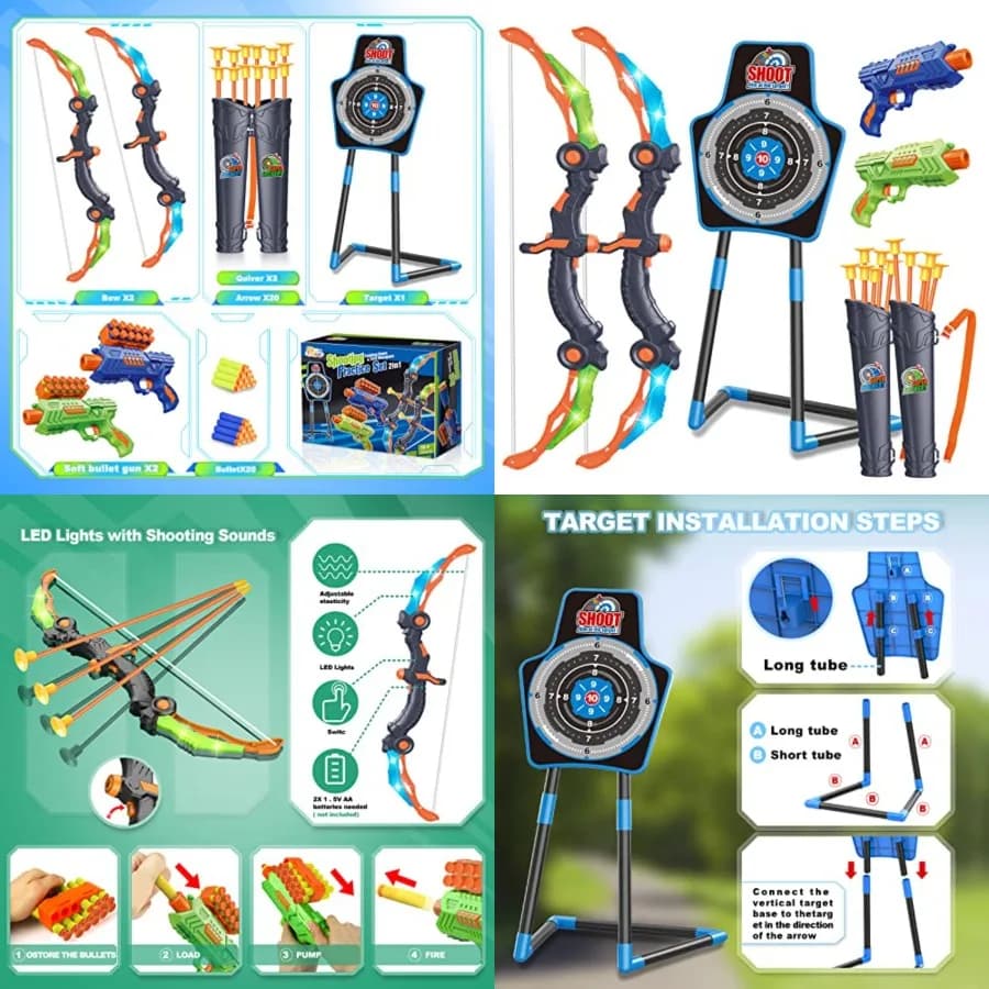 2 Set di Arco e Frecce con Luci LED, 2 Pistole Spara-Dardi in Schiuma per Bambini dai 5 ai 10+ Anni, Set di Tiro con l'Arco con Bersaglio da Terra per Ragazzi