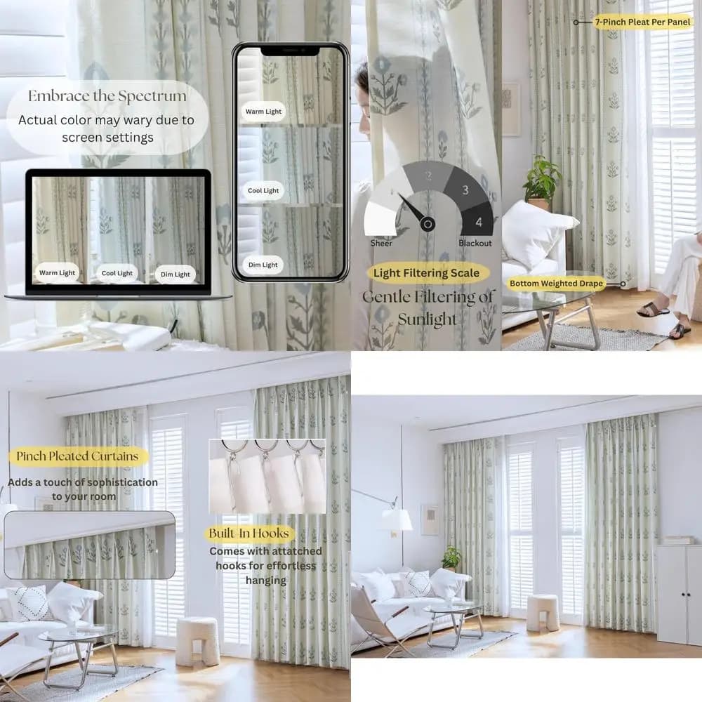 Elegant Curtains with Floral Pizzico Feet - Filtraggio della Luce, Set of 2 Panels, Ancient White, 30x108