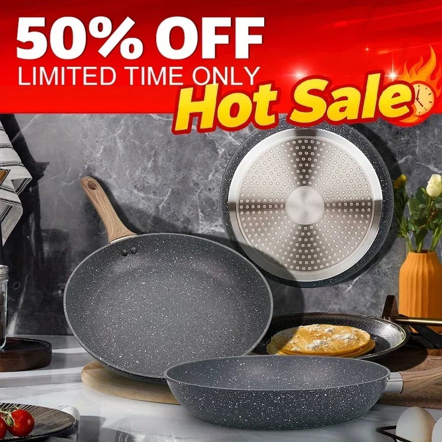 KEEHOME Set di 3 pentole e padelle antiaderenti con manici in legno, padella, pentola da chef, wok, padella multiuso per colazione, universale per tutti i fornelli, grigio