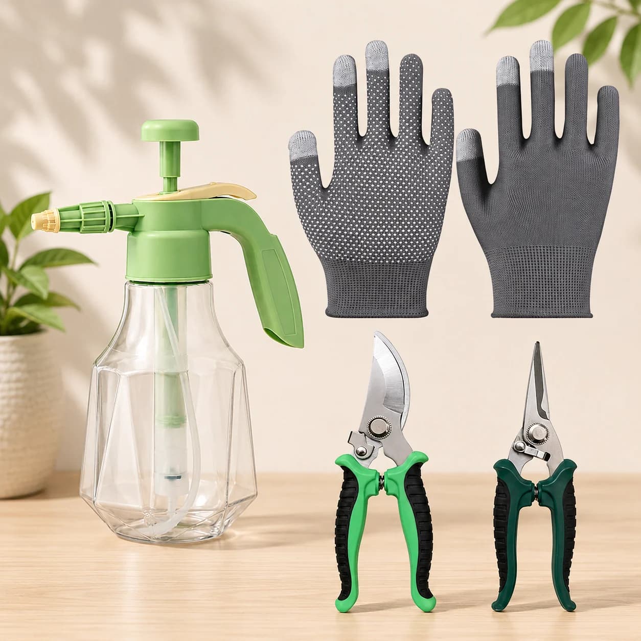 Set di 4 Attrezzi da Giardinaggio con Spruzzatore a Pressione, Cesoie da Potatura, Forbici e Guanti da Giardinaggio per la Cura delle Piante da Interno ed Esterno