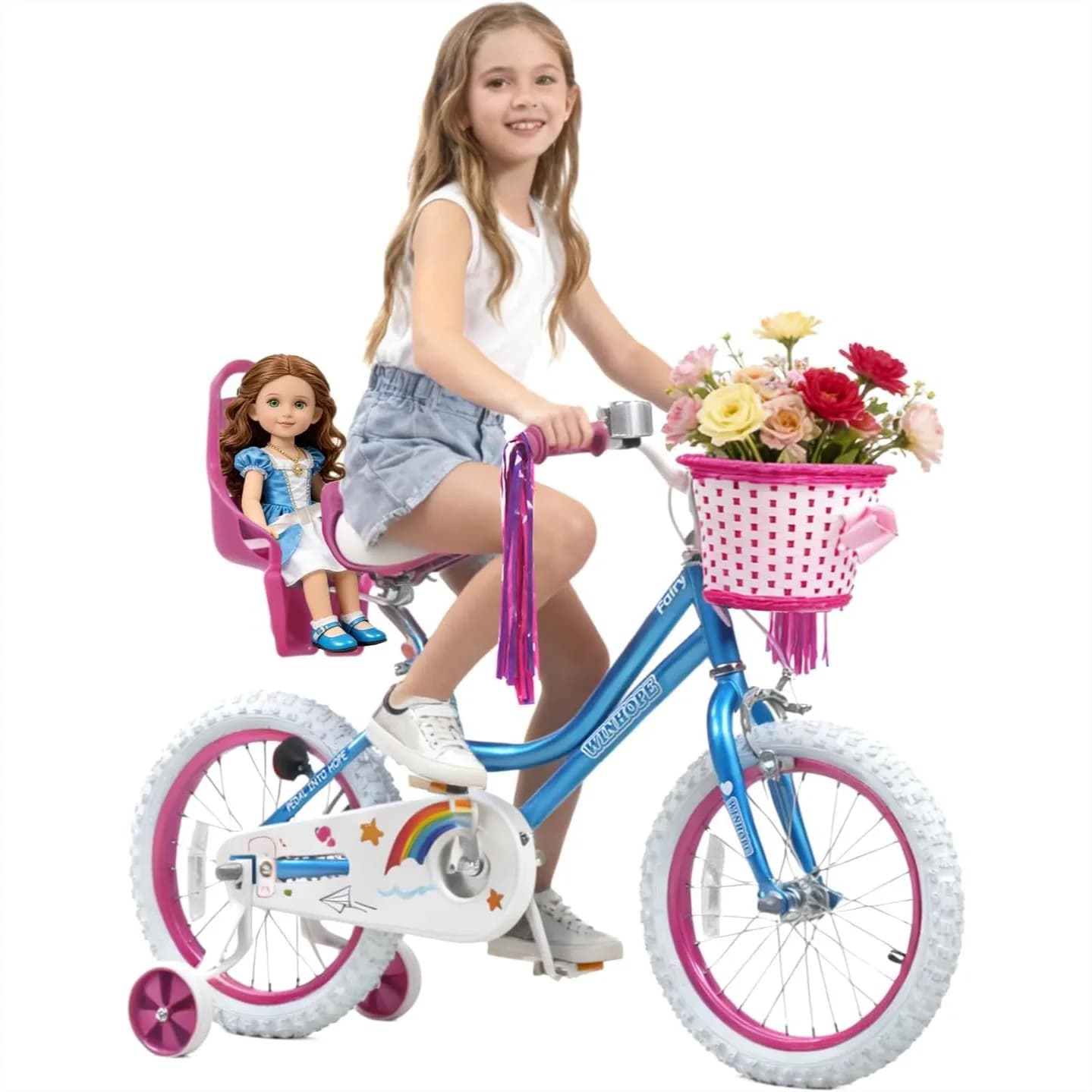 Bicicletta per Bambini 12 14 16 18 20 Pollici per 2-12 Anni, Bici per Principianti con Rotelle, Sedile per Bambole e Cestino, Nastri Decorativi