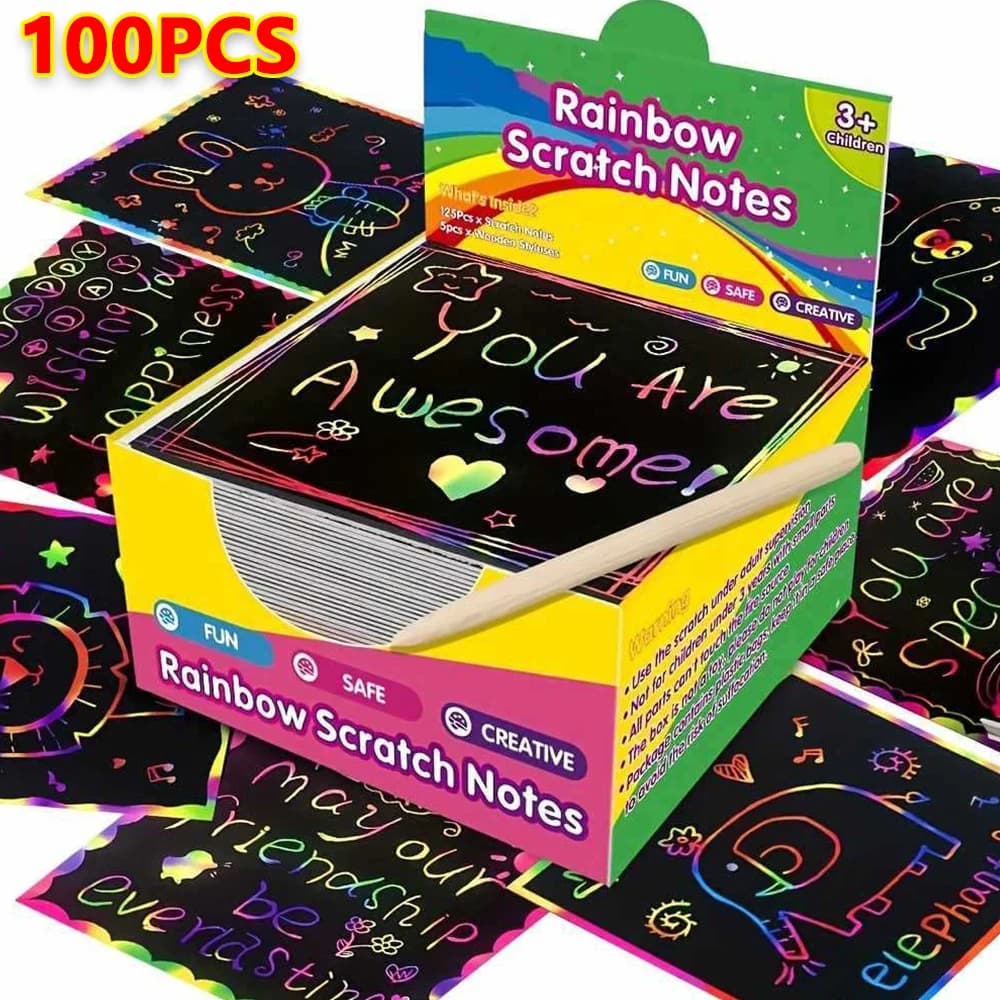 100 pz FAI DA TE Scratch Paper Art Set Arcobaleno Carta Scratch Carta Magica con 2 Stilo di Bambù Nero Scratch Notes Regalo Di Compleanno Di Natale