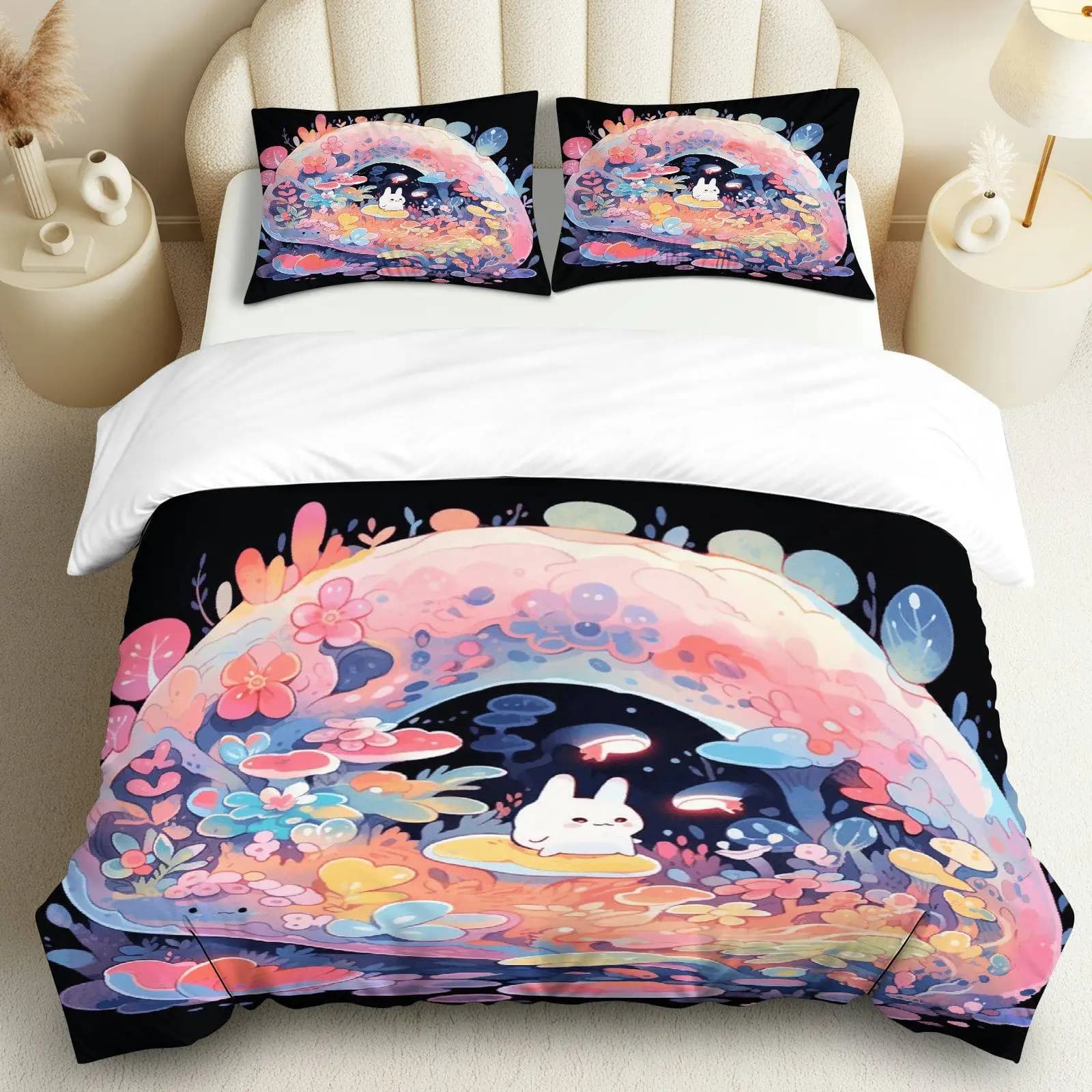 Copripiumino 3 pezzi, 1 piumino + 2 federe (senza imbottitura), design con simpatici coniglietti nella foresta, adatto per la decorazione di camera da letto e soggiorno.
