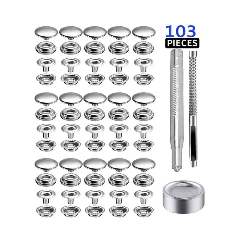 Kit di fissaggio a scatto in acciaio inossidabile da 100 pezzi tappo a pressione con bottone a pressione da 15mm con strumenti per borsa di tela per barche Marine in pelle fai da te