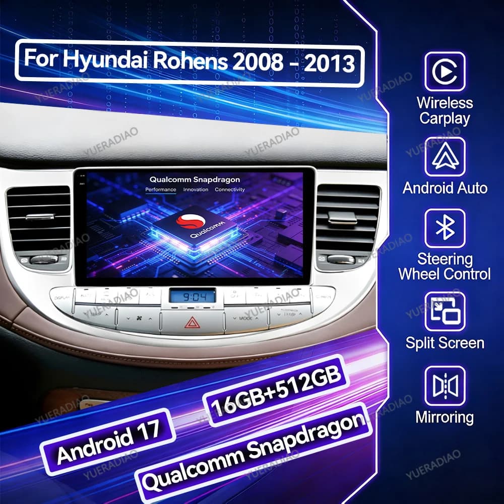Android 17 Car Radio For Hyundai Rohens Genesis 2008 - 2013 Head Unit GPS NAVI QLED BT 4G WIFI Qualcomm Multimedia Video Player