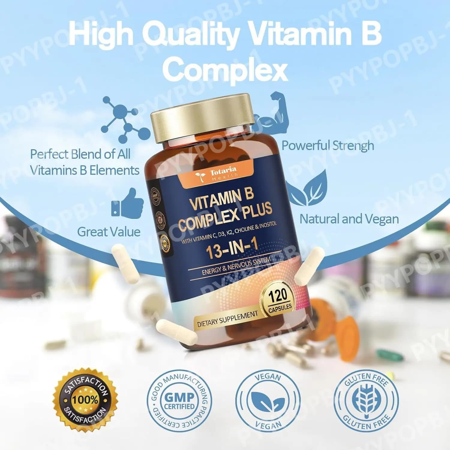 Vitamin B complex 13 in 1 more with vitamin B1, B2, B3 (Niacina), B4, B5, B6, B7 (Biotina)B8 (Inositolo)B9 (Folate) K2 for energy