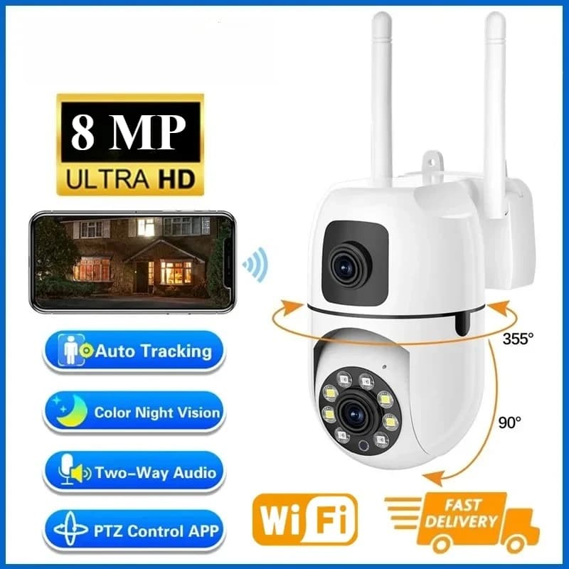 Telecamera di Sicurezza WIFI 8MP con Doppia Lente e Doppio Schermo, Telecamere IP PTZ Wireless con Tracciamento Automatico, Visione Notturna a Colori, Zoom Digitale 5X, Telecamera CCTV