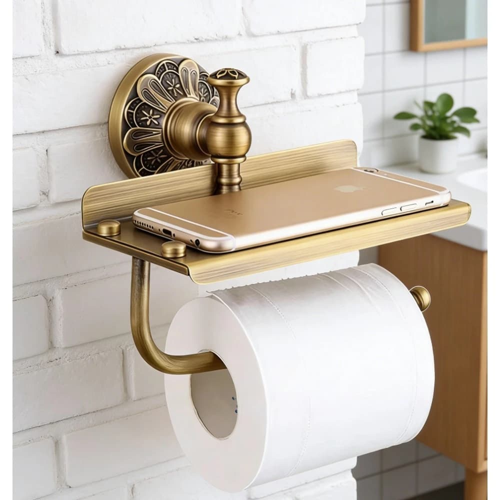 Porta carta igienica da parete in oro spazzolato, porta carta igienica in ottone antico, con contenitore per cellulare